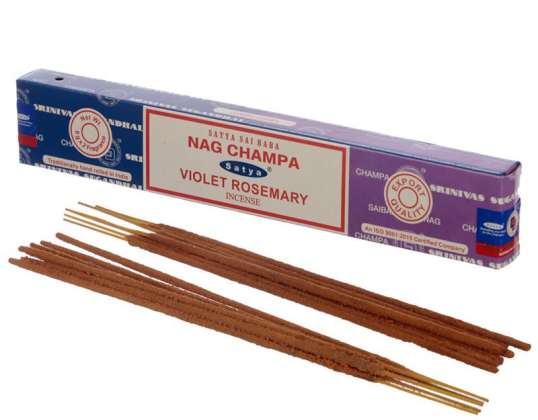 01340 Satya Nag Champa & Violet Rosemary Incense Sticks por paquete