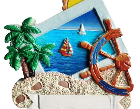 On the Coast: 3D Souvenir Magnet, Palm Tree &; Ship's Wheel per stk.