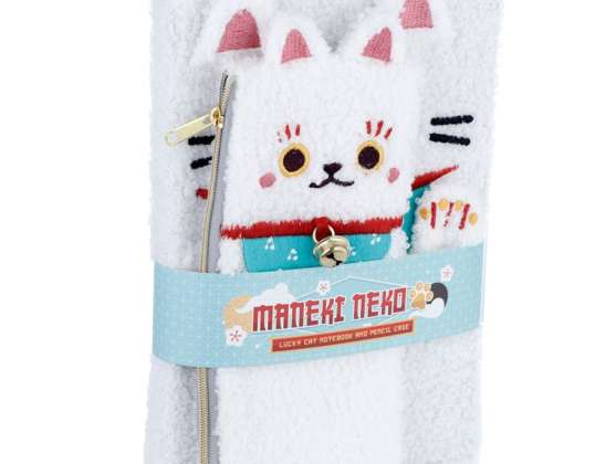 Maneki Neko Lucky Cat Plush Fleece A5 Notepad & Pencil Case Set