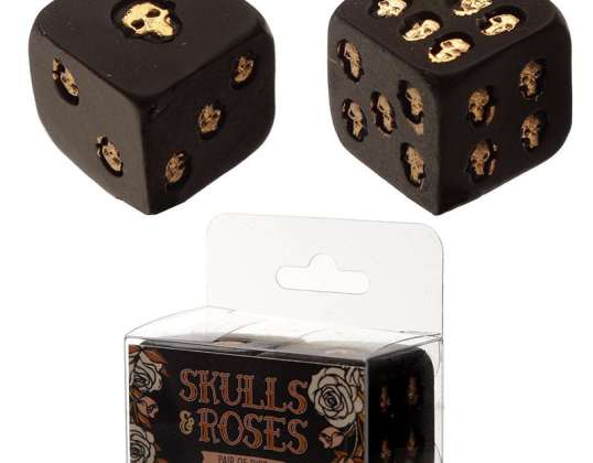 Skulls and Roses 2 er Set Schwarz und Gold Totenkopf Würfel
