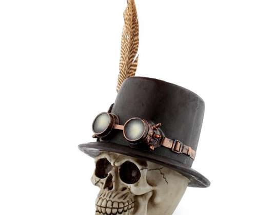 Steam Punk schedel met hoge hoed en veren
