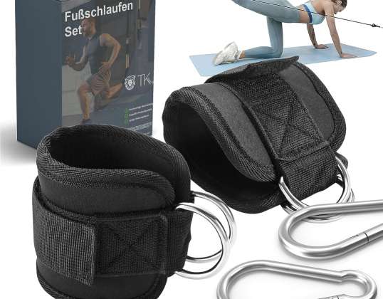 2-piece foot strap set - black with carabiner & Velcro fastener - adjustable footstrap for fitness - training - sports - foot cuffs for cable pull