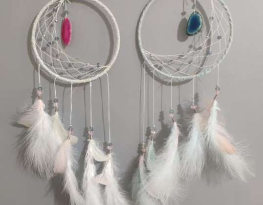 White dream catcher crescent moon with agate pendant