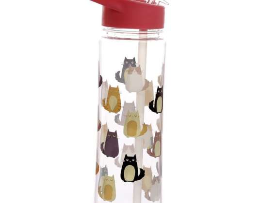 Feline Fine Cat Reusable Plastic Water Bottle with Foldable Straw 550ml