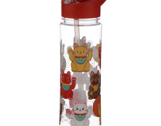 Maneki Neko Lucky Cat Sticlă de apă reutilizabilă din plastic cu paie pliabile 550ml