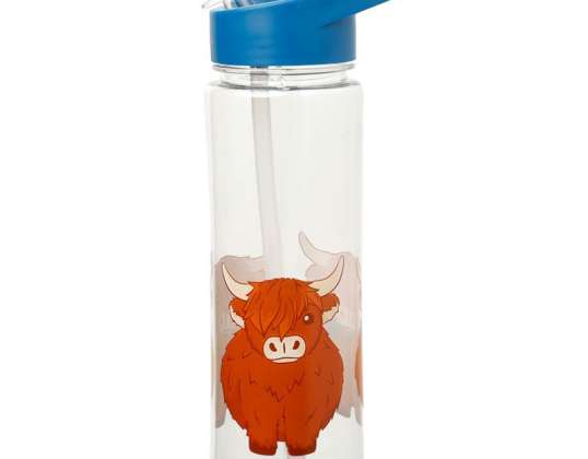 Highland Coo Cow Reusable Plastic Water Bottle with Foldable Straw 550ml