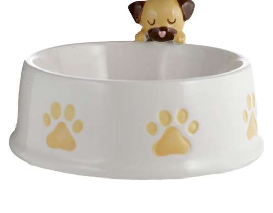 Ceramic Brown Pug Dog on Edge Food Bowl