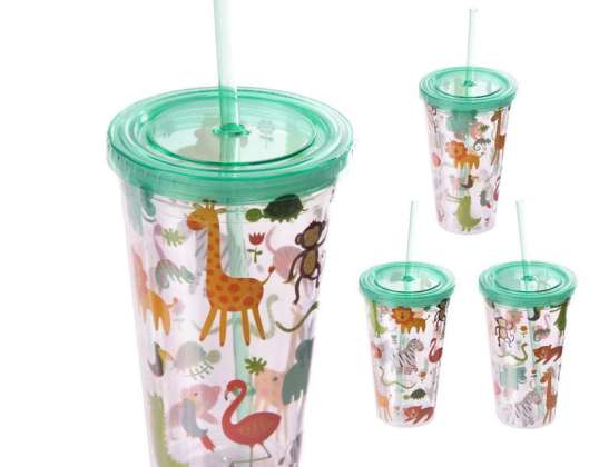 Zoo animals double-walled reusable cup with straw & lid 500ml per piece