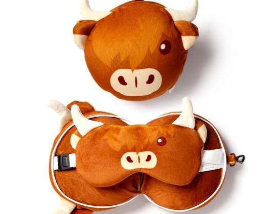 Relaxeazzz Plush Highland Coo Cow Travel Pillow with Eye Mask
