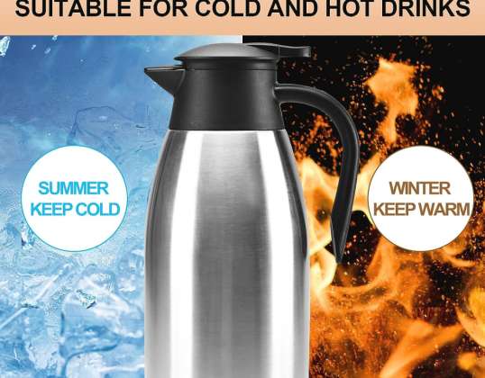 SILVER 2 liter Stainless Steel Thermal Carafe, Coffee Thermos, Teapot, Double Walled Thermos, Vacuum Insulated, with Pressure Lid for Tea/Water Jug C