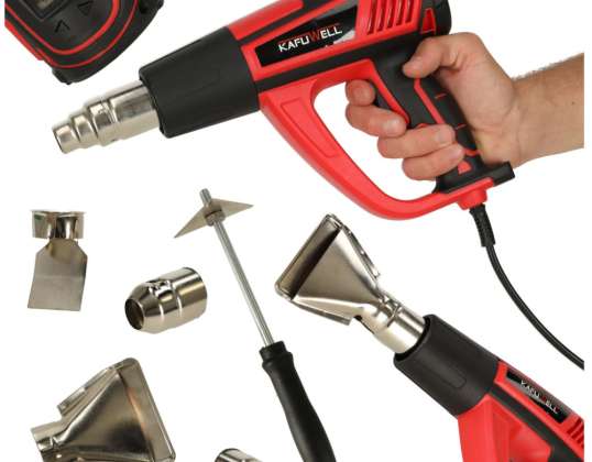 KAFUWELL Electric heat gun with temperature control 0-600 degrees C air flow 300-500 l/min 4 replaceable tips 1850W