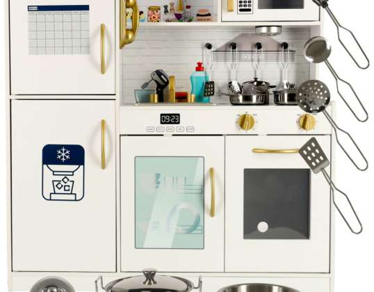 Dřevěná dětská kuchyňka s lednicí, kalendář, LED světlo, doplňky, hrnce, příbory, velká, 80cm