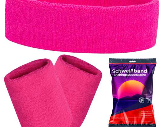 3 in 1 Sweatband Set with Headband Pink - Mullet Accessory Retro Costume - Neon 80s 90s Outfit Carnival & Carnival