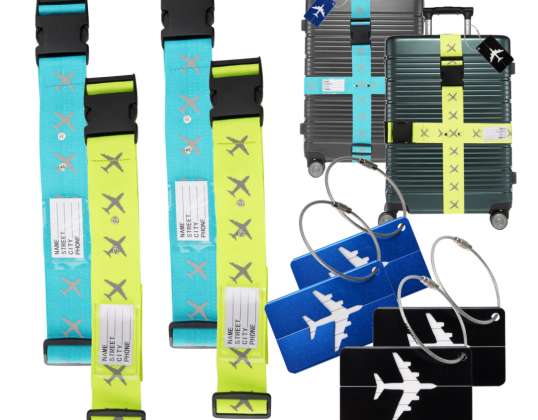 Set of 4 luggage straps & 4 luggage tags coloured - as address tags for suitcases and luggage - luggage straps for travelling and flying
