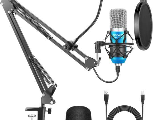 Microphone USB Neewer pour Windows et Mac avec support de bras à ciseaux à suspension, support antichoc, filtre anti-pop, câble USB et kit de pince de montage sur table pour large