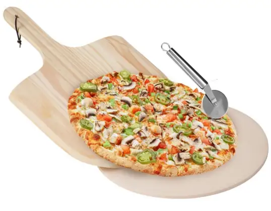 Pizza pişirme taşı, pizza kalıbı, tahta, kürek, bıçak, 3'lü set.