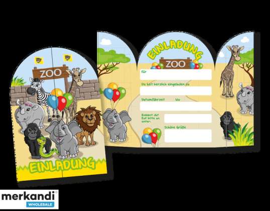 ZOO   8 Einladungskarten zum Aufklappen im Zoo Design
