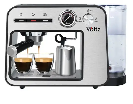 Espressomaskin Oliver Voltz OV51171H, 1450W, 15 bar, 1L, Koppvärmning, Automatisk avstängning, Rostfritt stål/Svart