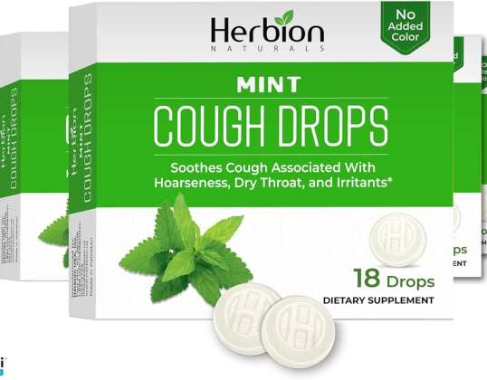 Herbion Naturals kvapky proti kašľu s prírodnou mätovou príchuťou, 18 ct - upokojuje bolesť hrdla a sucho v ústach - pre dospelých, deti od 6 rokov (balenie 6, 10 kusov