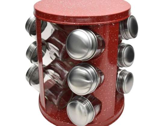 Spice Jars on Stand Rosberg Premium RP51217A12, 12 Jars, Metal Stand, Red Metallic