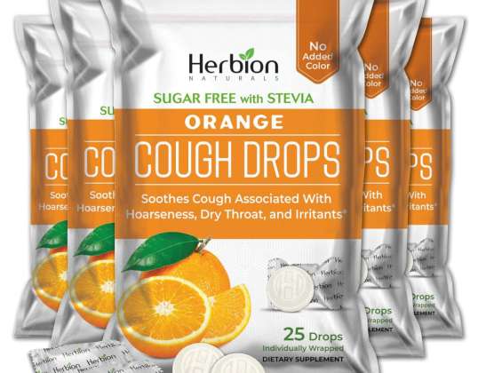 Herbion Naturals hoestdruppels met sinaasappelsmaak, suikervrij met stevia, verzacht hoest, voor volwassenen en kinderen vanaf 6 jaar - pak van 5 (125 zuigtabletten)