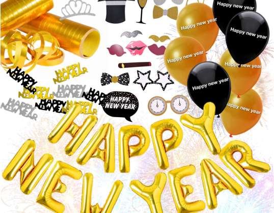 XXL New Year's Eve decoration set 2024 with balloons, streamers, latex balloons, confetti & photo props as decoration for New Year's Eve