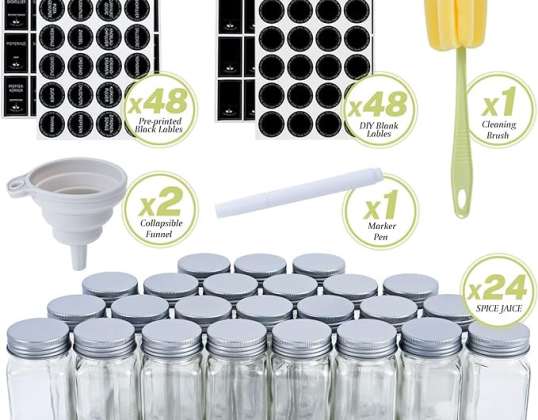 12 pièces Pots à épices avec arroseur 12PCS Récipients à épices carrés 120 ml Pots à épices Bouteille d’épices Pots à épices en verre, avec étiquettes adhésives et stylo