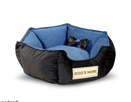Dog bed 70 cm personalized DETACHABLE anti-slip VELOUR blue-black