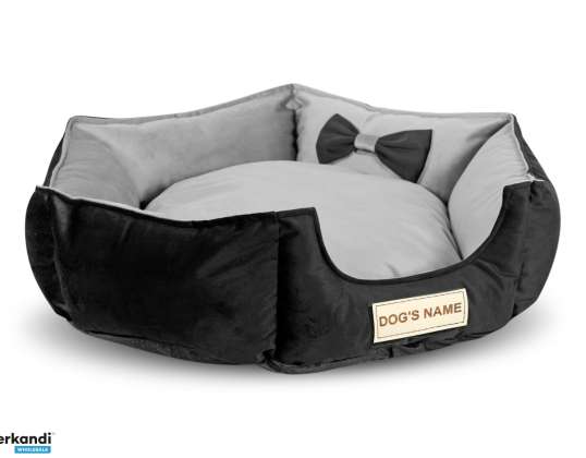 Hundebett 70 cm personalisiert UNBEWEGLICH Anti-Rutsch-Velours grau-schwarz