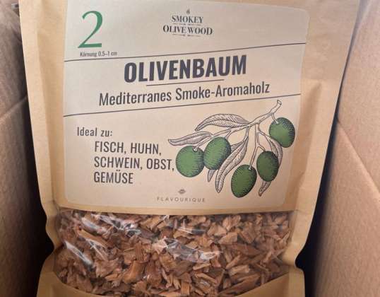 Oliventre røkt chips, aromatisk tre, flis, for fisk, kjøtt, etc., 500ml volum, merke: Smokey Olive Wood, for forhandlere, A-lager