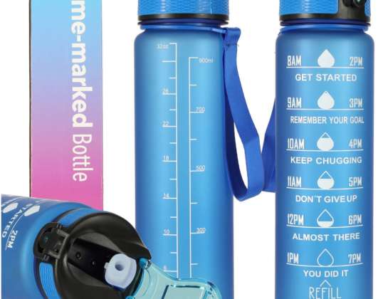 Бутилка за вода бутилка вода със слама дръжка мотивационна мярка за фитнес 1л синьо
