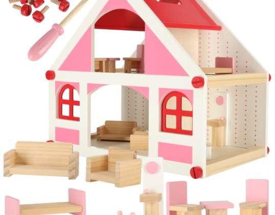 Casa de papusi din lemn roz Accesorii mobilier Montessori 36cm