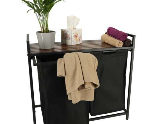 Two-compartment laundry basket large with a shelf with a wooden top LOFT black