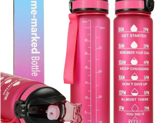 Water bottle, bottle with straw, handle and measuring cup, motivational for the gym, 1l, pink