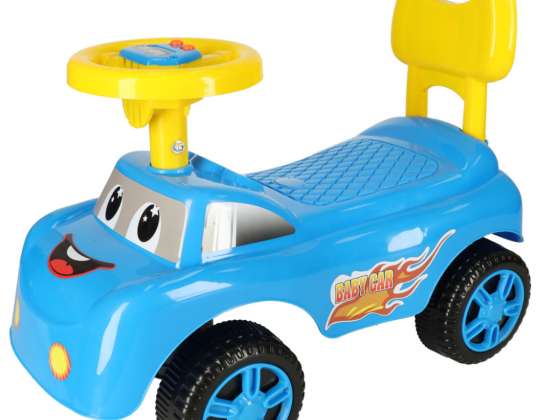 Važiuojantis stūmikas žaislinis automobilis, besišypsantis su rago mėlyna spalva