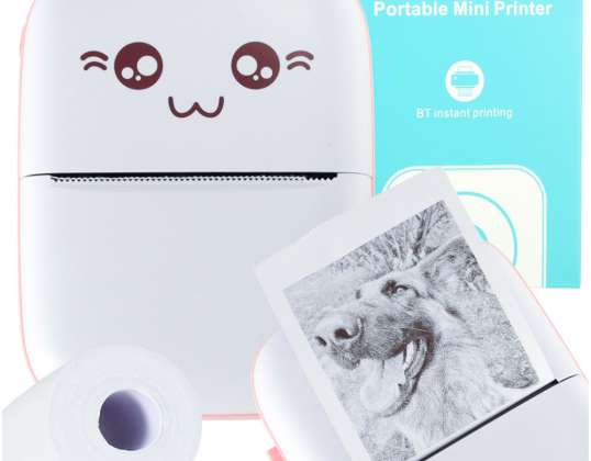 Drukotek mini thermal printer for photo labels USB cable cat pink
