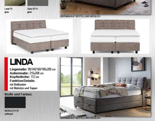 1. Wybór łóżek, sprężyn skrzyniowych, towarów magazynowych, różnych modeli, tkanin i kolorów