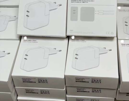 Apple 35W dvigubas USB-C maitinimo adapteris mobiliesiems įrenginiams, suderinamas su įvairiais iPhone, iPad ir AirPods modeliais