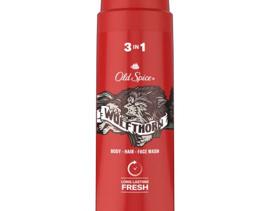 Old Spice Wolfthorn suihkugeeli & shampoo miehille 250 ml, 3-in-1 vartalokarvojen kasvojen puhdistusaine, pitkäkestoinen raikas