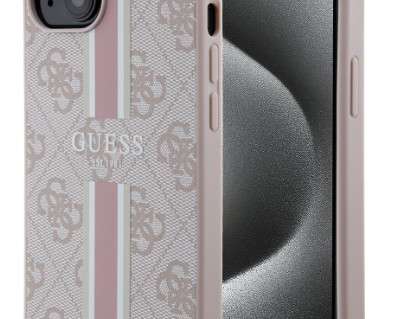 coque Guess iPhone 15 Aizmugurējais vāciņš koks 4G drukātas svītras - rozā