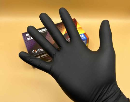 Strong Black Nitrile Gloves at a super price, Brand ALDENA (latex, vinyl, nitrile- blue, black, pink, mint, orange heavy duty, TPE, PE gloves, face masks and more)