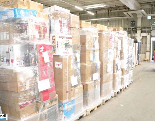 33 pallets A B C goods – returned goods, vacuum cleaner iron