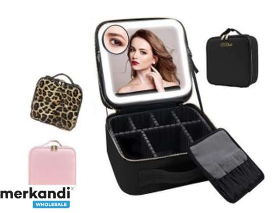 Cosmetic Bag Organizer for Cosmetics Jewelry Trunk with LED Mirror Black