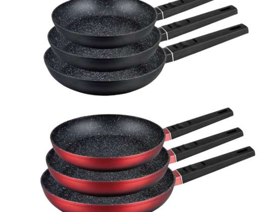Set of 3 stone frying pans with removable handle
