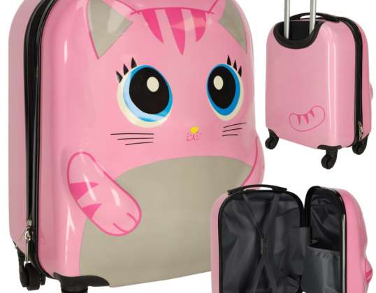 Children's travel suitcase hand luggage on wheels cat pink