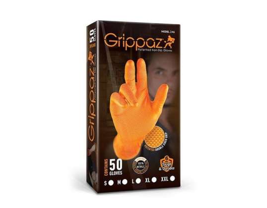 Oranžinių nitrilo pirštinių komplektas Grippaz 246, 50 vnt./dėžutė, 0.15 mm L
