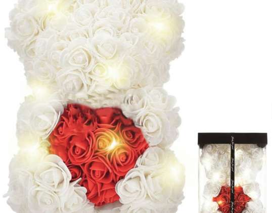 BQ54C OURS EN PELUCHE AVEC ROSES AVEC COEUR 25CM BLANC/ROUGE LED