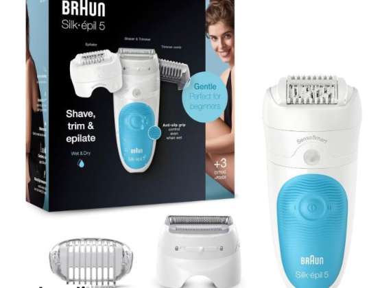 Braun Silk-épil 5 Epilierer Damen für Haarentfernung / Haarentferner, inklusive Rasier- und Trimmeraufsatz, 5-605, weiß/türkis
