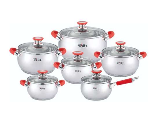 Cooking Pots Set of 12pcs Oliver Voltz OV51210N12, Induction, Silicone Handles, Stainless Steel/Red
