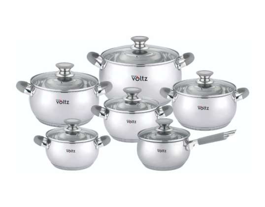 Cooking Pots Set of 12pcs Oliver Voltz OV51210N12, Induction, Silicone Handles, Stainless Steel/Gray